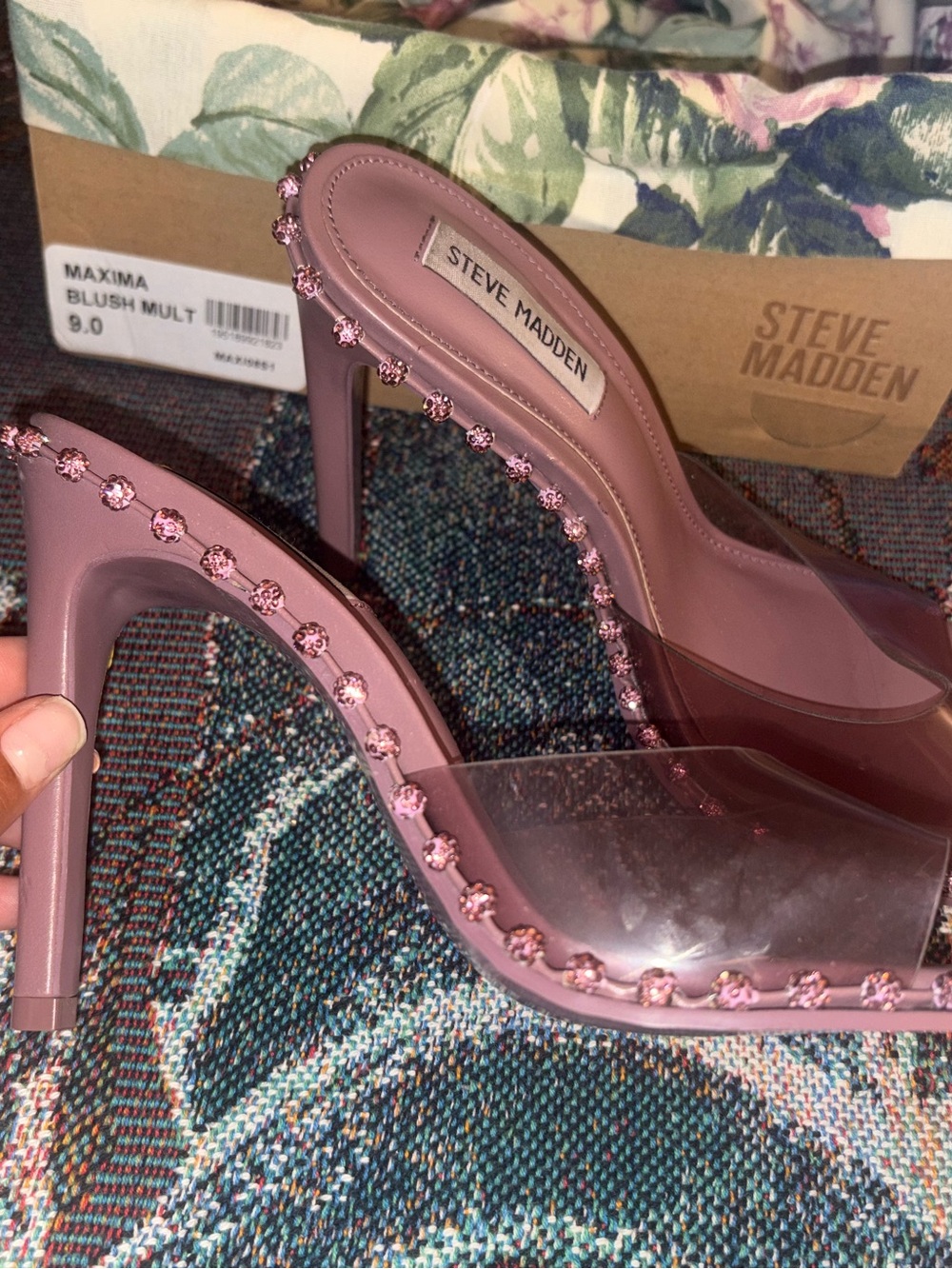 Steve Madden Maxima Blush Pink Clear-Band Stiletto with Pink Rhinestones